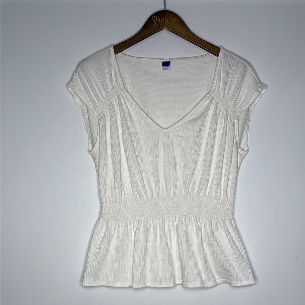 Old Navy Cream Smocked Peplum Blouse Cap Sleeves